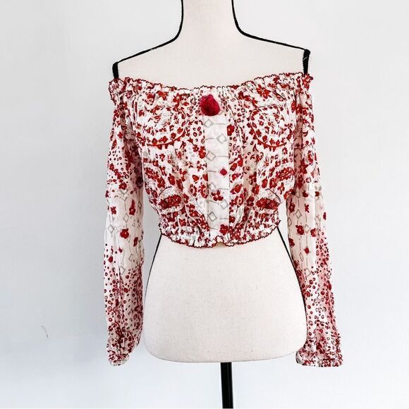 Poupette St. Barth Rachel Georgette Paisley Long Sleeve Crop Blouse Sz M NWT - Picture 4 of 10